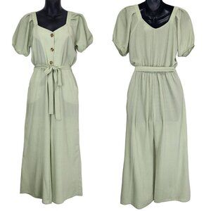 Monteau Cropped Wide Leg Jumpsuit Womens S Green Puff Sleeve‎ White Polka Dot
